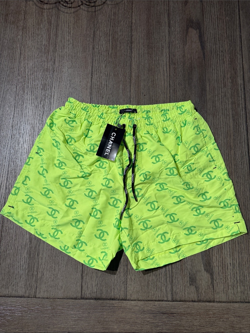CHANEL Men’s Neon Yellow-Green Logo Swim Shorts